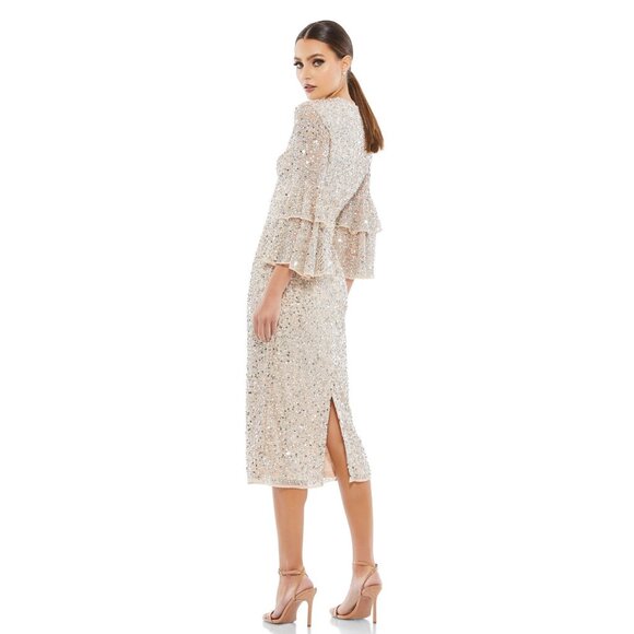 FLAW Mac Duggal Fully Sequined Ruffle Tiered 3/4 Sleeve Midi Dress Nude 8 #A0081 - Picture 5 of 11